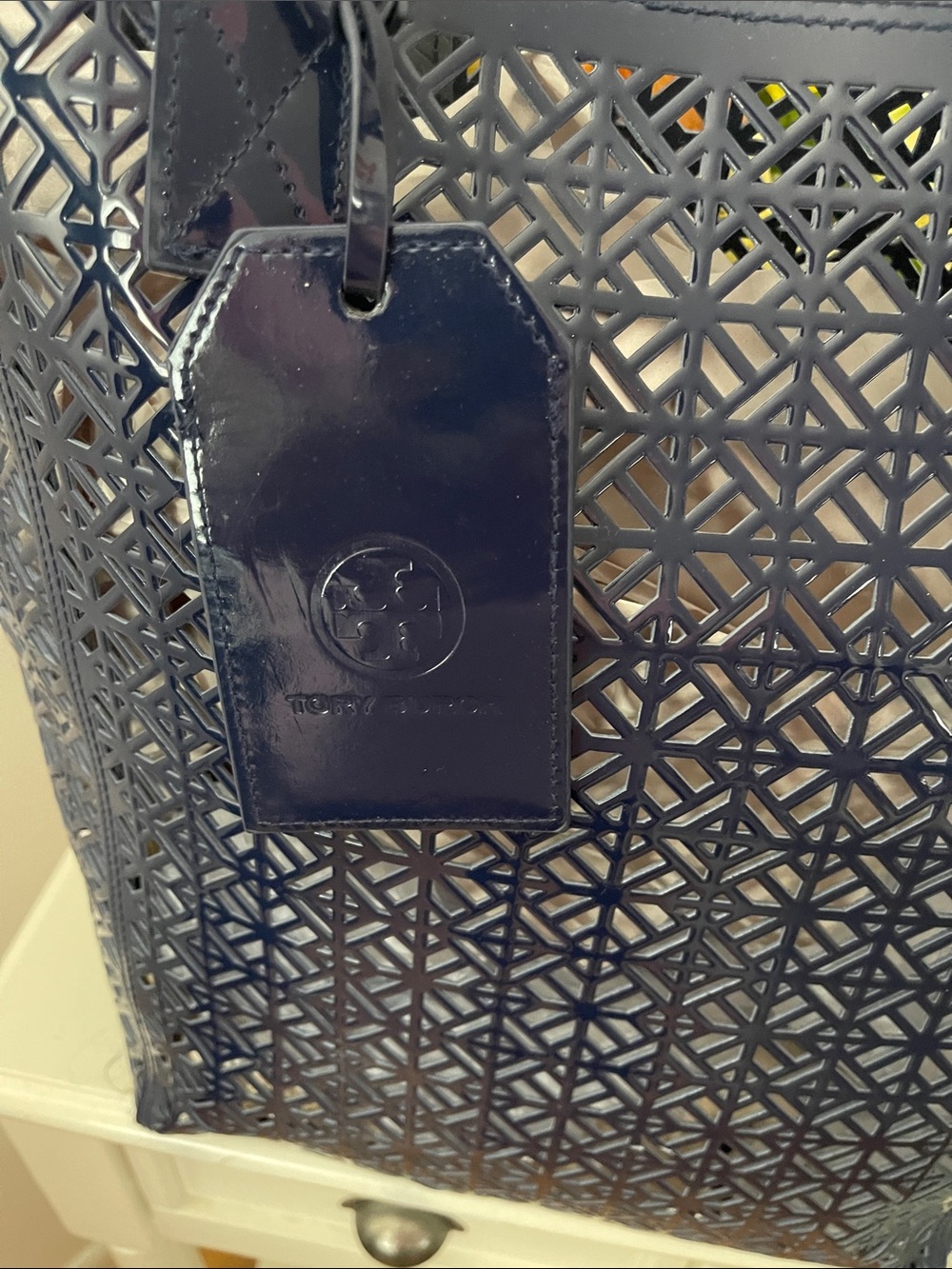 Tory Burch Navy Patent Laser-Cut Tote Bag - Picture 2 of 9